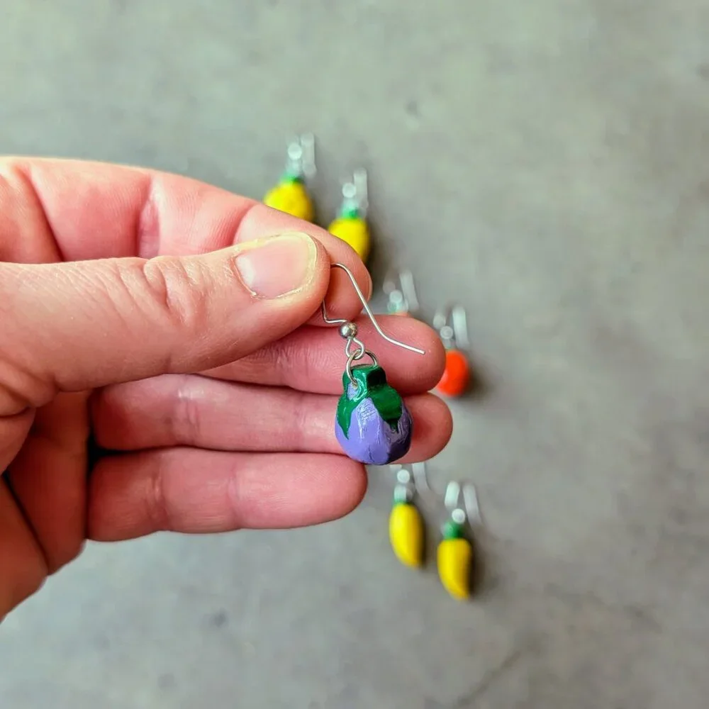 Vintage Fruit Earrings Wooden Pineapple Orange Grape Strawberry Banana Set Of 5